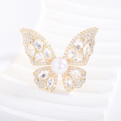 Позолоченная прозрачная брошь на булавке с фианитом жемчуг бабочка - Изображение 1 из 4