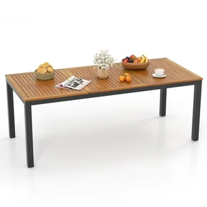 79" 8-Person Patio Table Acacia Wood w/360° Adjustable Foot Pads & Umbrella Hole - Picture 1 of 10