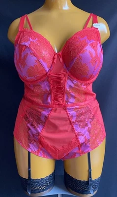 Body George con aros, encaje floral rojo y malla transparente, UK40F, nuevo con etiqueta Foto 1 de 4
