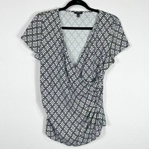 Talbots Petites Short Faux Wrap Blouse Women's MP Geometric Plunge Neck - Picture 1 of 14