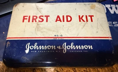 1950s Johnson & Johnson First Aid Auto Kit Tin Box Partial Contents - Image 1 of 2