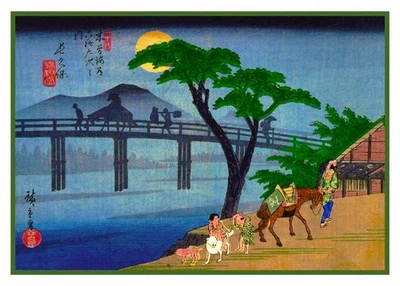 Japanese Man on a Horse on Bridge Hiroshige Counted Cross Stitch Pattern - Image 1 of 4