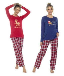 Damen/Frauen Baumwolle Rentier/Rotkehlchen Weihnachten Pyjama Set ~ Weihnachten Nachtwäsche - Bild 1 von 5