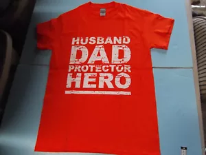 Husband Dad Protector Orange Short Sleeve Graphic Tee Men's Small - Picture 1 of 8