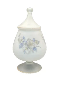 Norleans Italy Satin Glass 10.5" Apothecary Jar Blue White Dogwood Flowers Lid - Picture 1 of 14