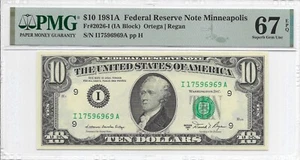 1981A $10 MINNEAPOLIS FRN. PMG SUPERB GEM Uncirculated 67 EPQ Banknote. - Picture 1 of 2