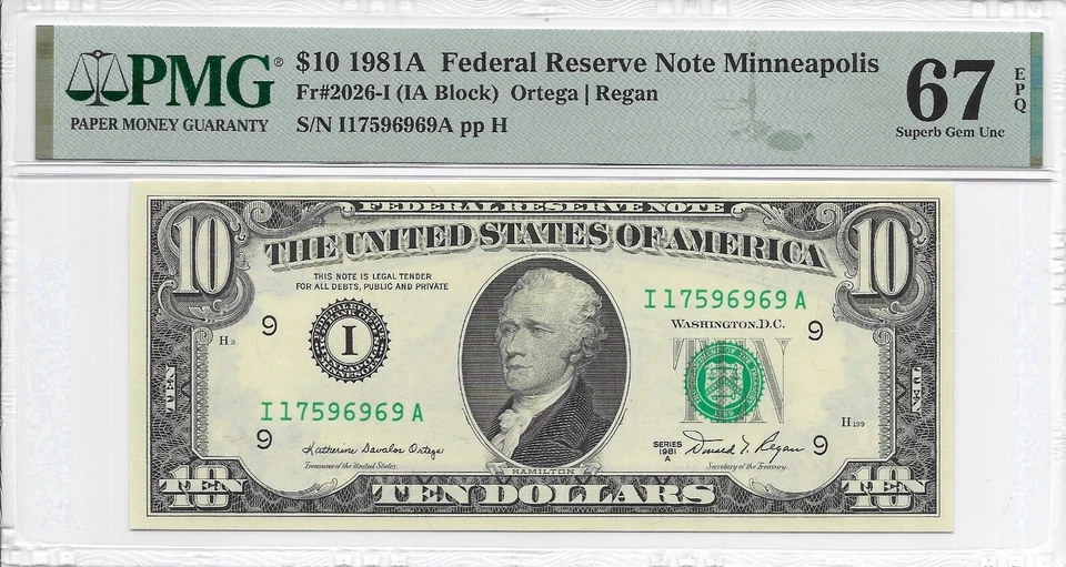 1981A $10 MINNEAPOLIS FRN. PMG SUPERB GEM Uncirculated 67 EPQ Banknote. - Image 1 of 2