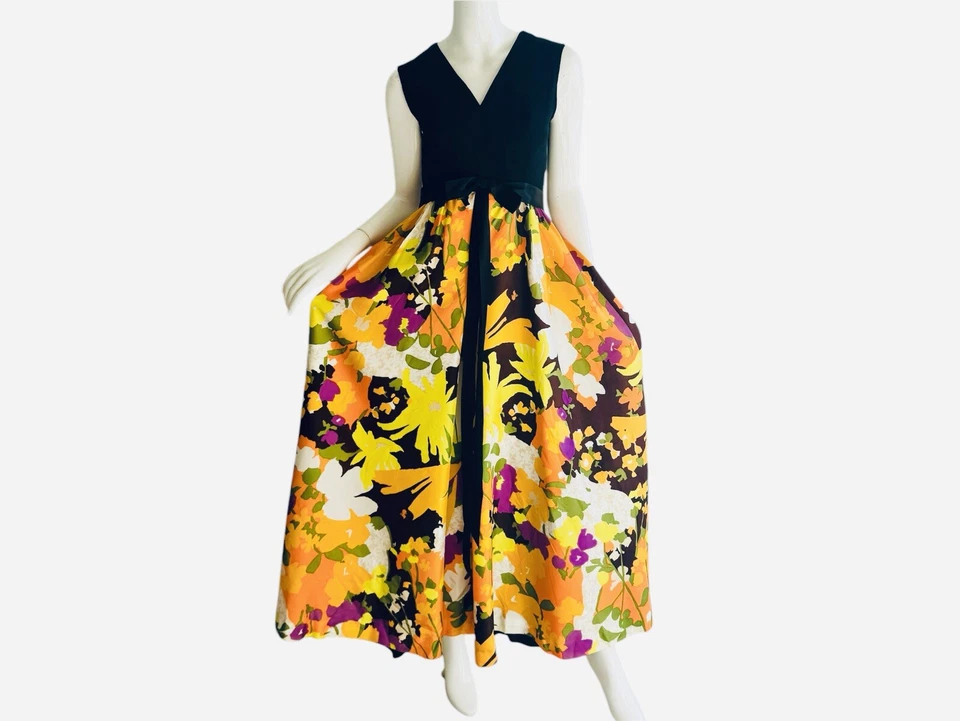 1960s Vintage Psychedelic Palazzo Jumpsuit Flowers Bow Mod Party Evening - Image 1 of 4