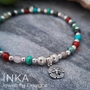 Inka 925 Sterling Silver & Gemstone bead Stacking Bracelet & SAND DOLLAR charm - Picture 1 of 8