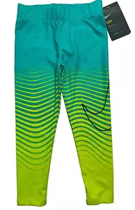 NIKE Dry Girls Size 4 Hyper Jade Swoosh Logo Dri-fit Athletic Leggings NEW - Picture 1 of 10
