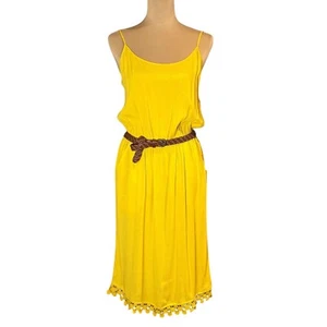 NWT Lace Trim Midi Dress Sz.L Butter Yellow Spaghetti Straps Belted Cottage - Picture 1 of 12