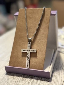 Stainless Steel Cross Necklace with Bible Verse Matthew 19:26 Christian Jewelry - Picture 1 of 1