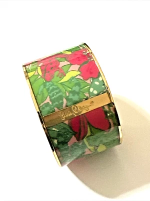 LILLY PULITZER Floral Bangle Bracelet Wide Gold Tone with Red and Green 8 1/4" - Image 1 of 4