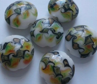 12 Handmade Glass Lampwork Beads White/Green/Amber/Black. Jewellery Making/Craft - Image 1 of 4