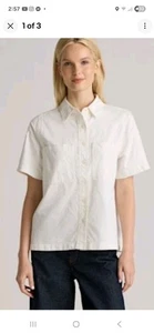 Neu mit Etikett Quince kurzärmliges Denim-Damenhemd cremefarbenes Oberteil XS - Bild 1 von 5