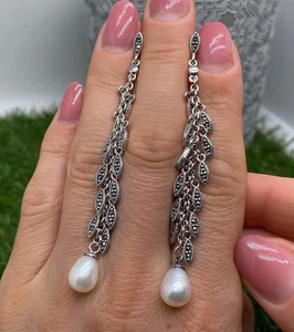Pearl and Marcasite natural gemstone Earrings, sterling silver 925 - Picture 1 of 4