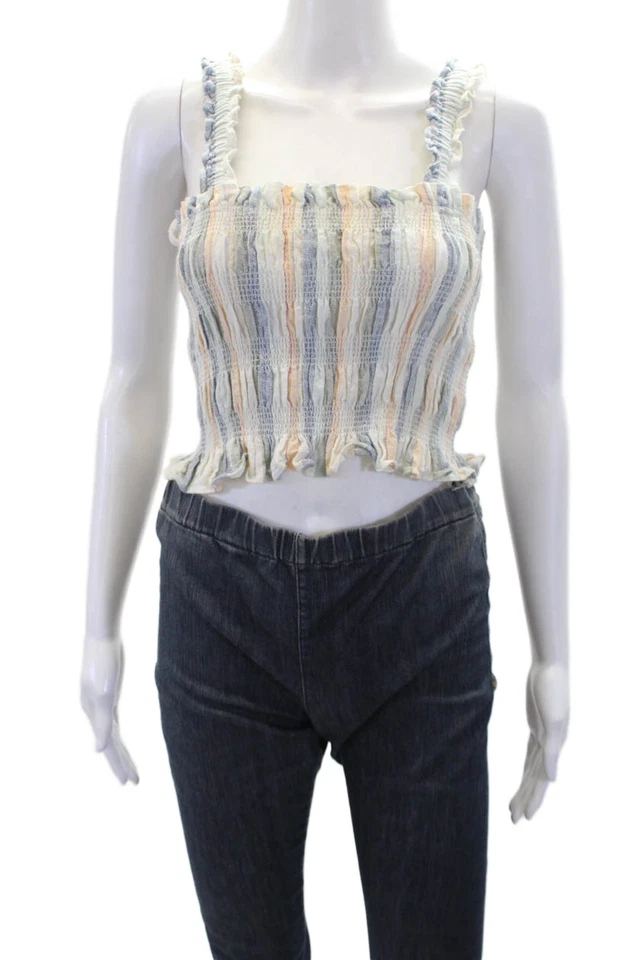 ASTR Womens Cotton Square Neck Spaghetti Strap Fit Stripe Tank Top White Size XS - Image 1 of 4