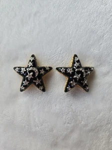 THE QUACKER FACTORY Black Enamel Crystal Moon & Stars Gold Tone Earrings #552 - Picture 1 of 10