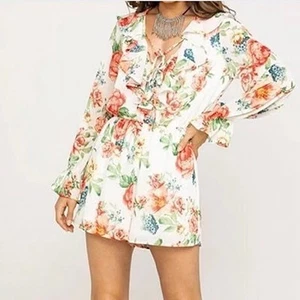 Flying Tomato Size S Floral Ruffle Chiffon Romper Tie Up Elastic Waist Boho Chic - Picture 1 of 16