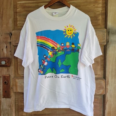 Camiseta vintage talla L Save The Children Paz en la Tierra arco iris arte caridad para niños Foto 1 de 4