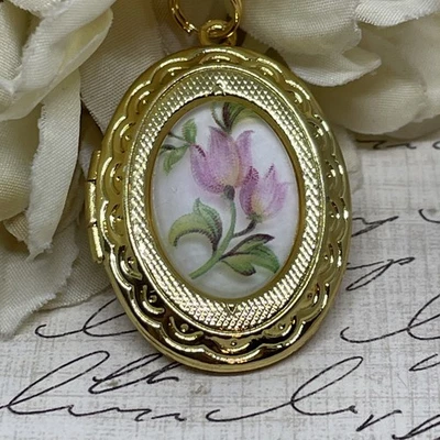 Collar medallón boda oro brillante camafeo rosa tulipán delicado flor niña joyería Foto 1 de 4