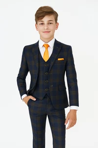 Boys Navy and Gold Brown Formal Checkered Suits Kids Wedding Prom Check Suits - Picture 1 of 6