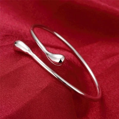 Women’s 925 Sterling Silver Smooth Tear Water Drop Cuff Open Bangle Bracelet - Image 1 of 4
