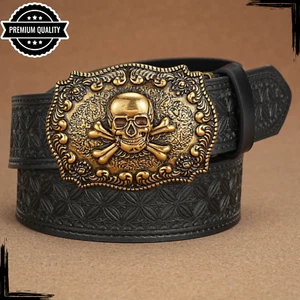 Mens Cowboy Leather Belt Buckle Casual Luxury Fashion High Quality Vintage Black - Picture 1 of 15