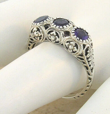 3 STONE GENUINE AMETHYST 925 STERLING SILVER VICTORIAN STYLE FILIGREE RING  #815 - Image 1 of 3