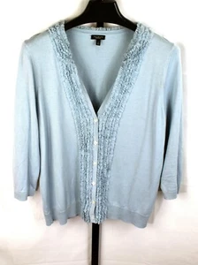 Talbots Cardigan Plus Size XL Light Blue Ruffled Silk Blend Button Up Sweater - Picture 1 of 5