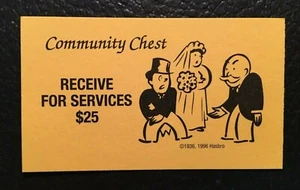 Monopoly 1996 Community Chest Card RECEIVE FOR SERVICES $25 Game Replacement - Picture 1 of 3