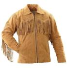 Men's Native American Western Cowboy Suede Leather Jacket Fringes & Zipper