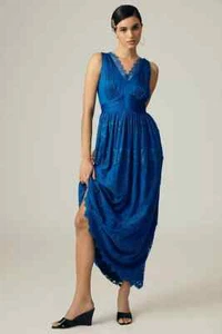 Maxi abito nuovo con etichette Anthropologie Let Me Be senza maniche in pizzo taglia XL blu royal viscosa - Foto 1 di 11