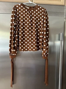 SWEET RAIN TOP BROWN W/ WHITE POLKADOTS TIE SLEEVES AT THE HEMLINE BUTTON BACK L - Picture 1 of 5