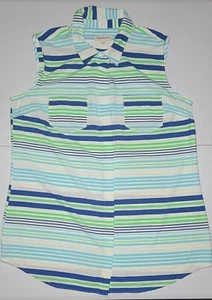 Merona Womens Green Blue White Sleeveless Striped Button Up Blouse Size Large - Picture 1 of 16