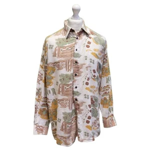 Vintage 80s Oversized Shirt C&A Biege Wacky Abstract Linen / Cotton L Men's - Picture 1 of 5