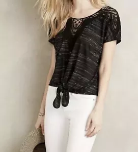 Anthropologie Ingram Tied Top by Everleigh Size XS Black short sleeve knit shirt - Picture 1 of 4