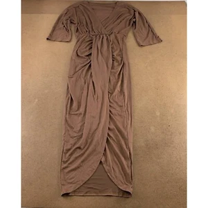 Womens Faux Wrap Dress Brown Asymmetric Tulip Hem V Neck 3/4 Sleeve M New - Picture 1 of 7