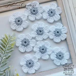 9 Small Handmade Crochet White & Grey Blossoms Flower Flowers Craft Party Sew - Picture 1 of 3