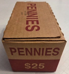 One SEALED/UN-OPENED Bank BOX of Pennies; 50 Bank-Wrapped ROLLS, 2,500 pennies - Picture 1 of 10