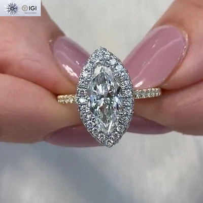 Anillo de compromiso de diamantes cultivados en laboratorio IGI 2,00 quilates marquesa D VVS2 oro bicolor de 14 k Foto 1 de 4