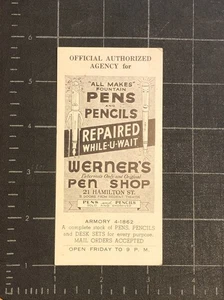 Antigua PLUMA ESTILOGRÁFICA WERNER’S VINTAGE Tarjeta de Letrero PATTERSON NJ CAMISETA NUEVA - Imagen 1 de 4