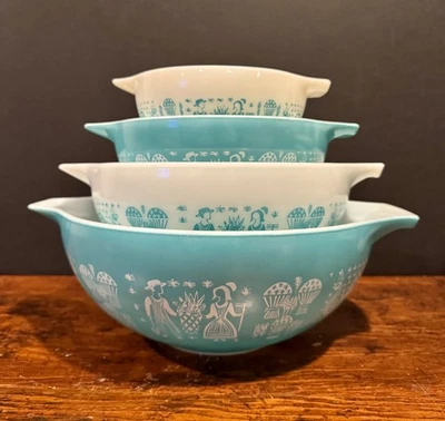 Vintage Pyrex Amish Butterprint Turquoise  White  Cinderella Mixing Bowls - Image 1 of 4