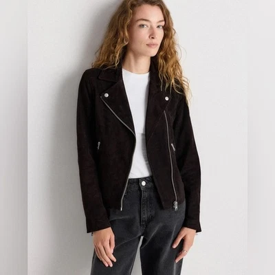 Nova Jaqueta de Motociclista Feminina Quince 100% Camurça Preta Carvão Pequena Nova Com Etiqueta Couro - Imagem 1 de 4