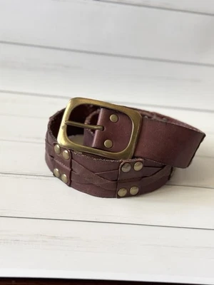 Women’s Linea Pelle Boho Studded Braided Leather Belt Brass Buckle 2” wide S/M - Image 1 of 4