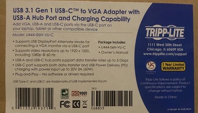 NEW Tripp Lite USB-C to VGA Adapter USB 3.0 Hub Ports PD Charging U444-06N-VU-C - Image 1 of 2