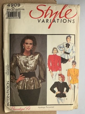 1986 Style 4909 Blouse Pattern Sz O 12-16 Vintage 80s Peplum Puff Sleeve Rare - Image 1 of 4