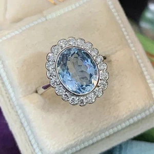 Anillo de compromiso estilo Art Deco creado en laboratorio diamante aguamarina oro blanco de 14 k FN - Imagen 1 de 9