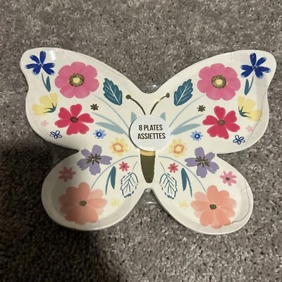 Meri Meri Butterfly Plates (8) PINK CORAL YELLOW BLUE FLOWERS - Image 1 of 2
