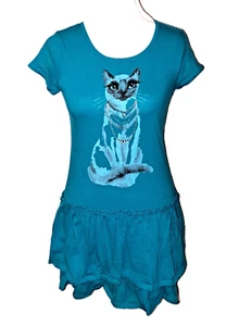 Girls OLD NAVY aqua cat t shirt dress 10 12 cotton knit rhinestone ruffle teal - Picture 1 of 4